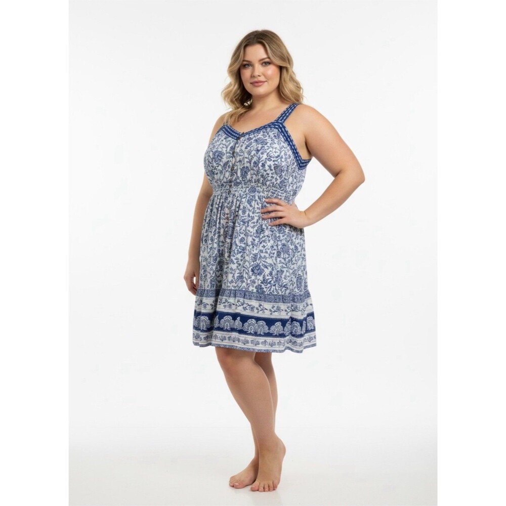 Knox Rose Blue White Floral‎ Smocked Waist Button Front Mini Dress XXL